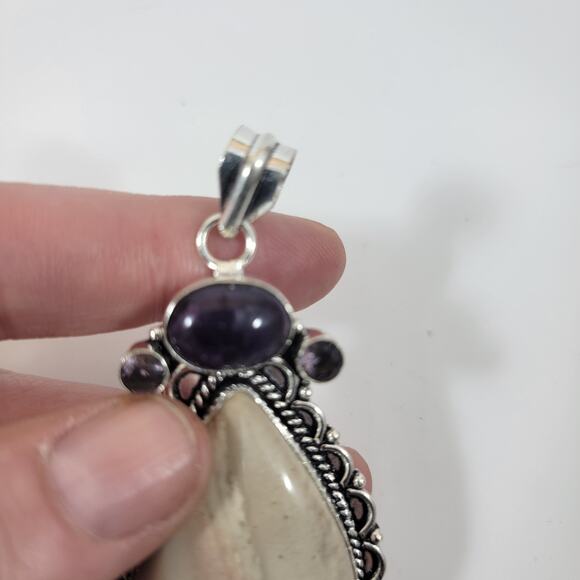 Handmade Silver Pendant with Rainbow Moonstone and Faceted Amethyst Accents - Picture 8 of 10